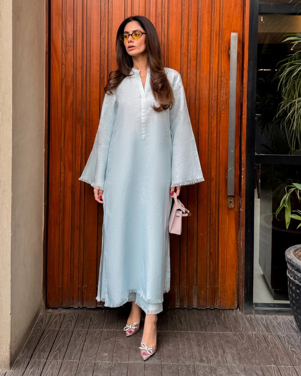 Baby Blue Linen Fringe Set
